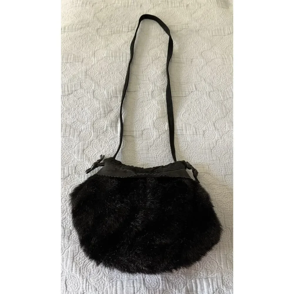 VTG 00s Y2K‎ Dennis Basso Faux Fur Shoulder Crossbody Bucket Bag Leather Black